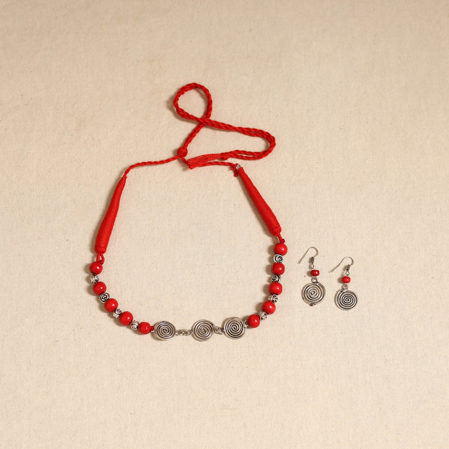 Red - german silver wooden beads necklace set 11