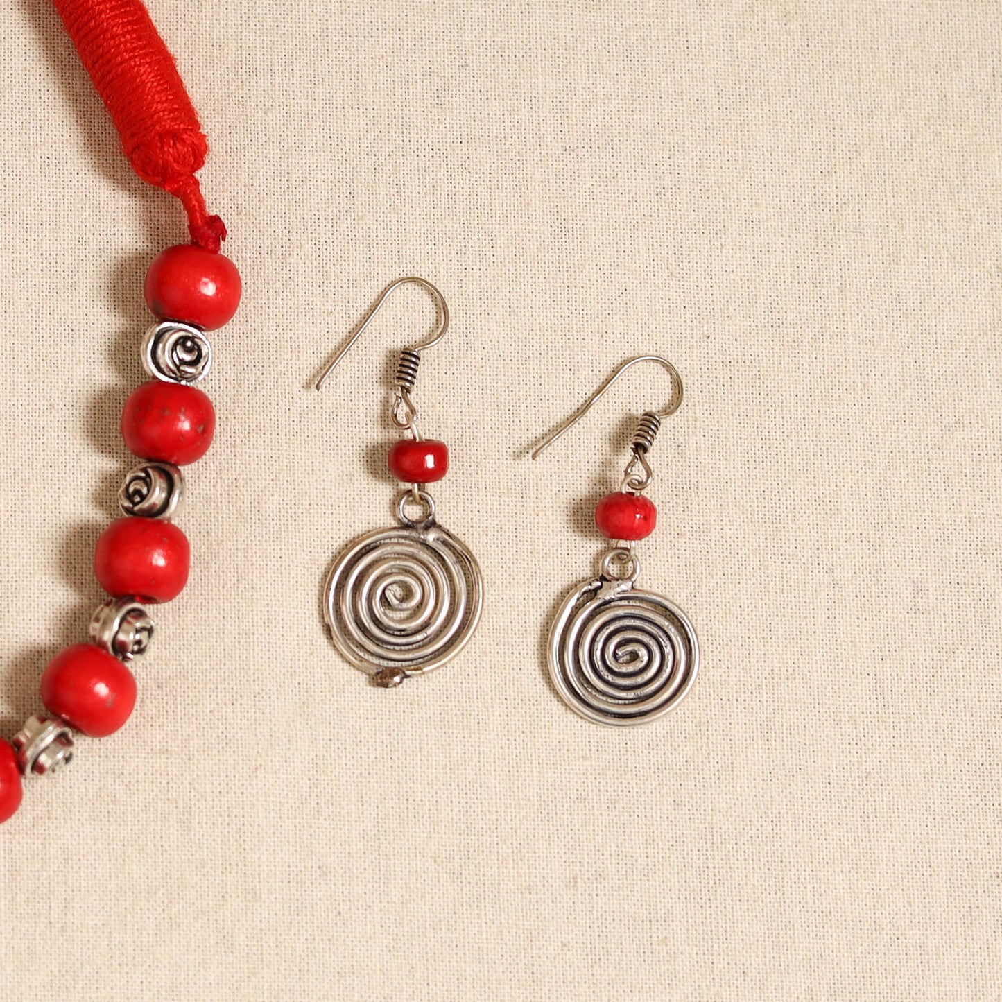 Red - german silver wooden beads necklace set 11