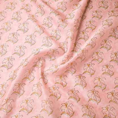 Peach Lily Pattern Sanganeri Block Printed Chanderi Silk Fabric