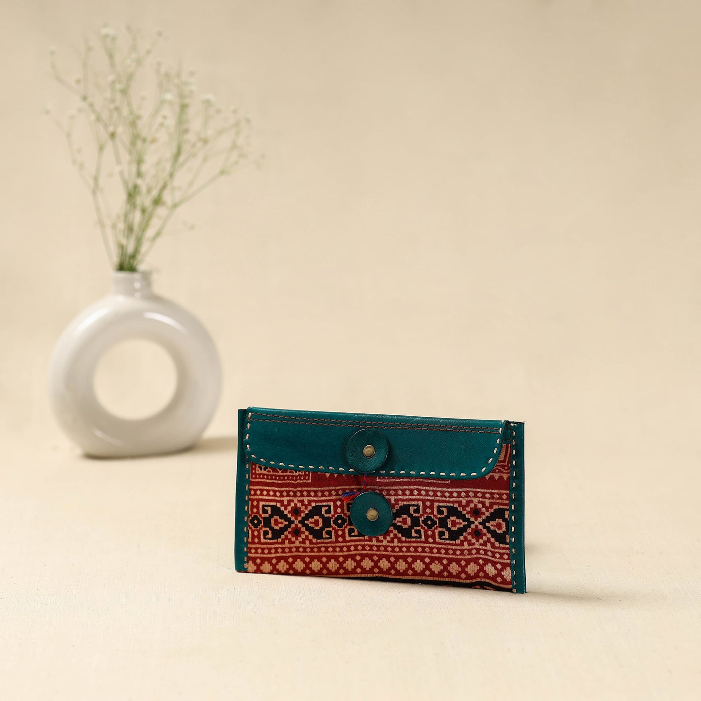 Handcrafted Kutch Embroidery Leather Ajrakh Clutch / Wallet 03