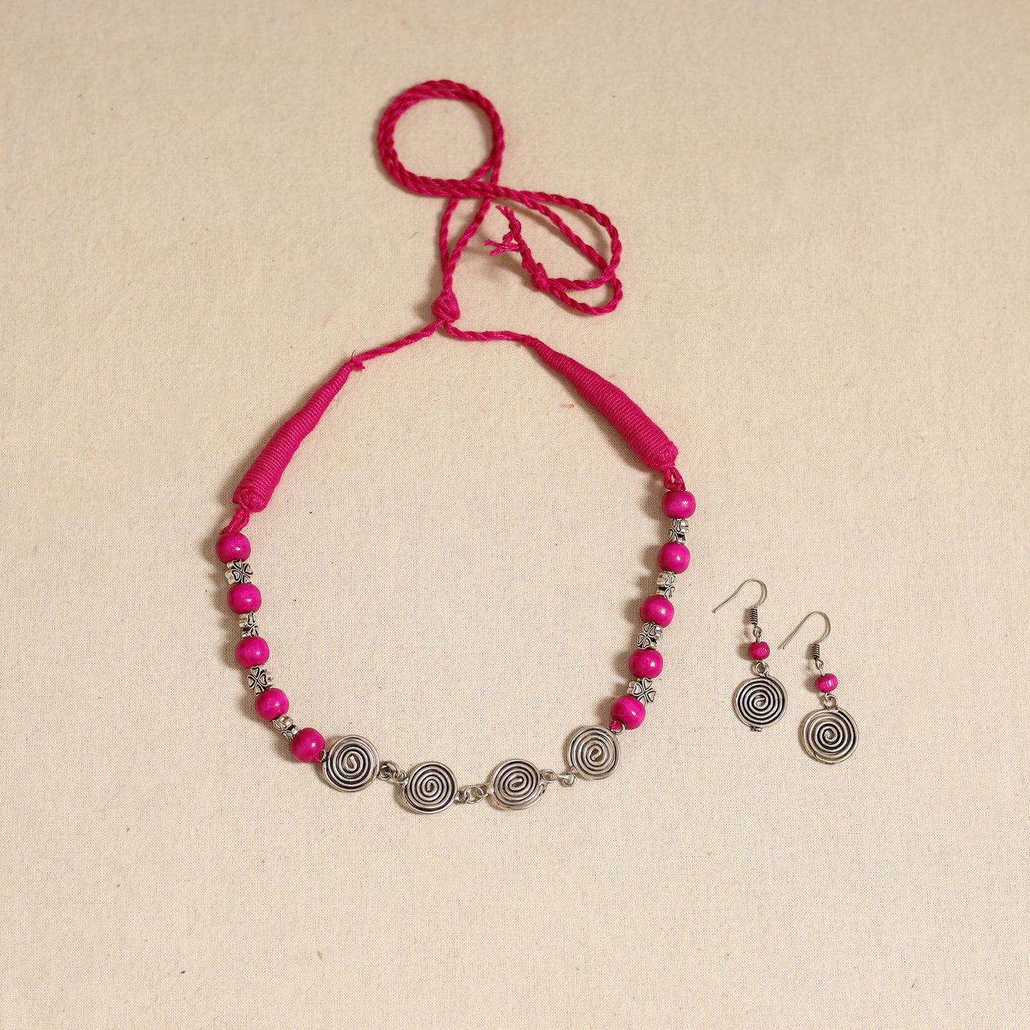 Pink - german silver wooden beads necklace set 16