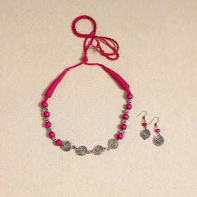 Pink - german silver wooden beads necklace set 16