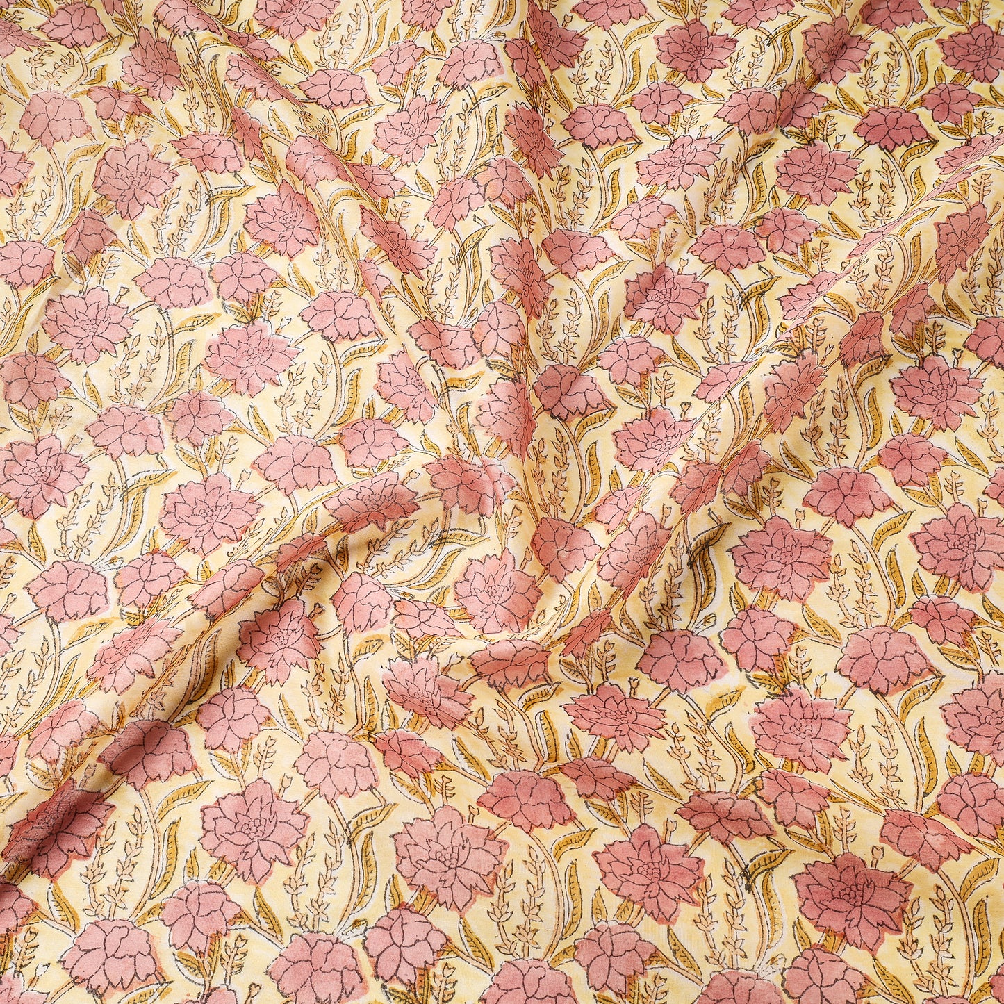Pinkish Florals On Yellow Sanganeri Block Printed Chanderi Silk Fabric