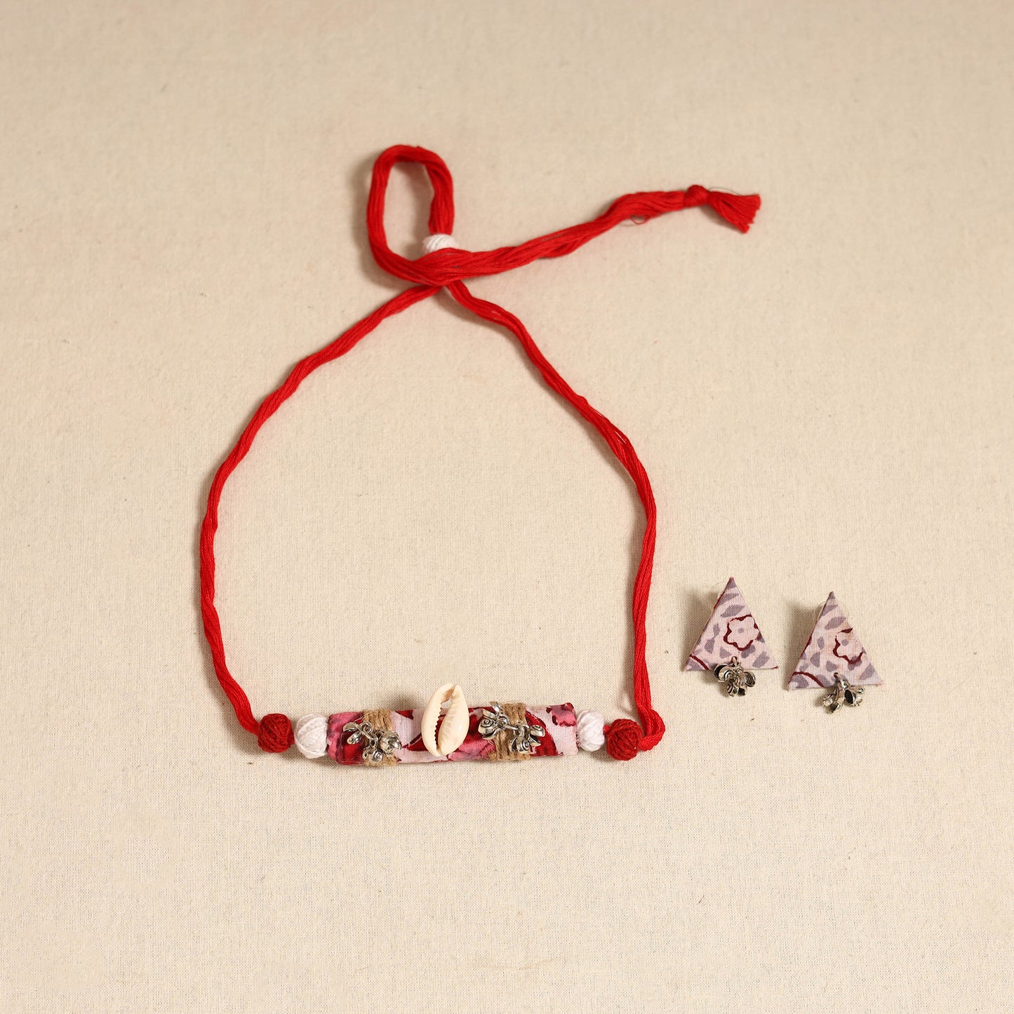 Red - handmade fabart shell necklace set 20 - handcrafted