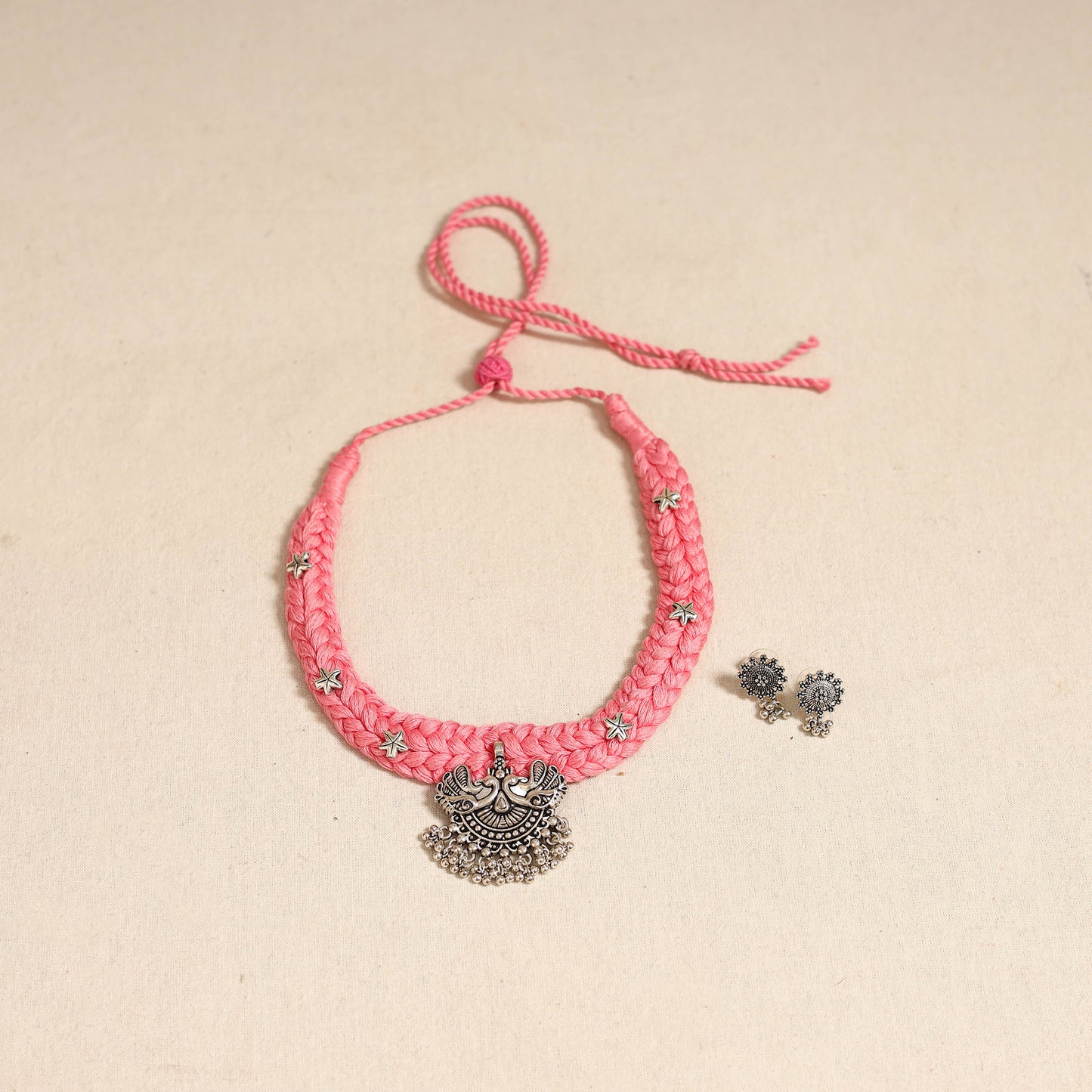 Pink - german silver thread braided necklace set 32