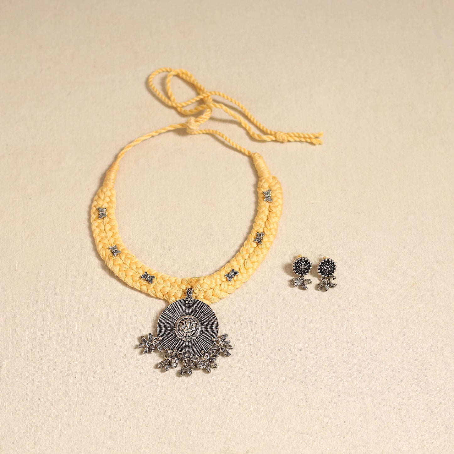 Yellow - german silver thread braided necklace set 33