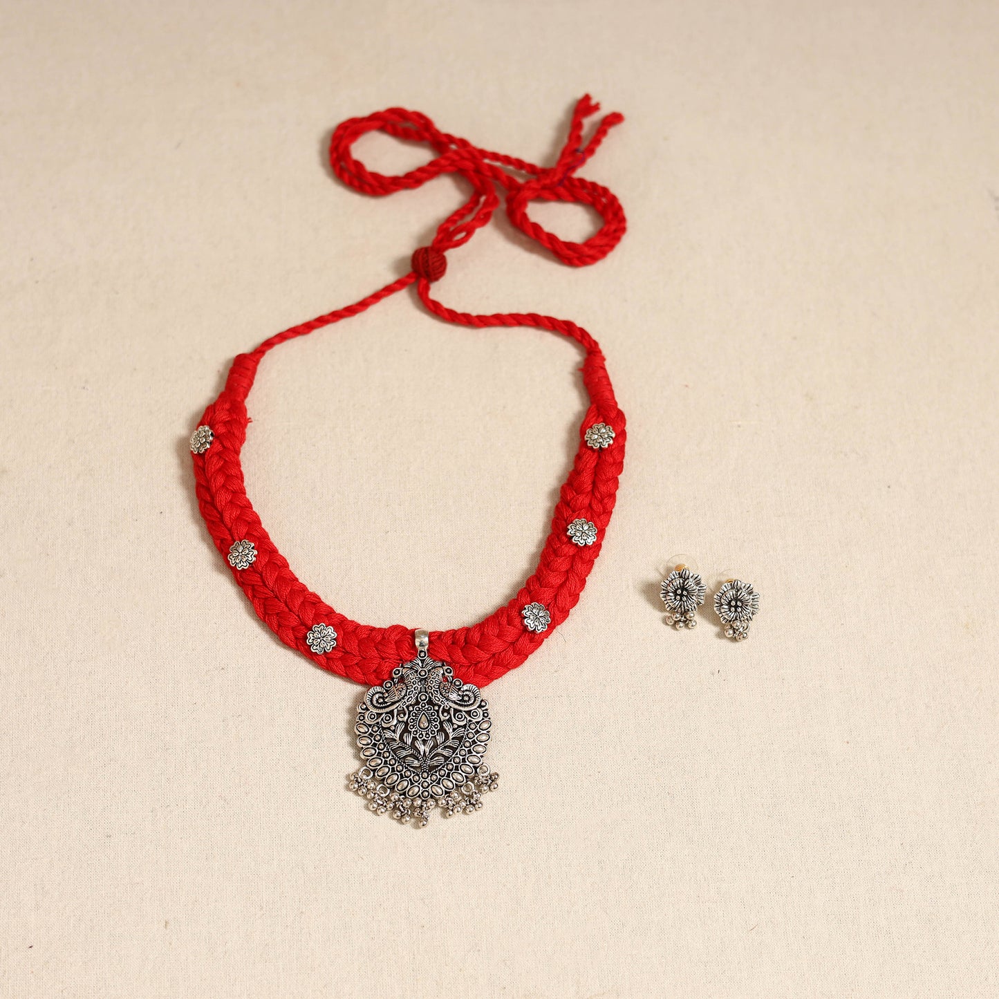 Red - german silver thread braided necklace set 34