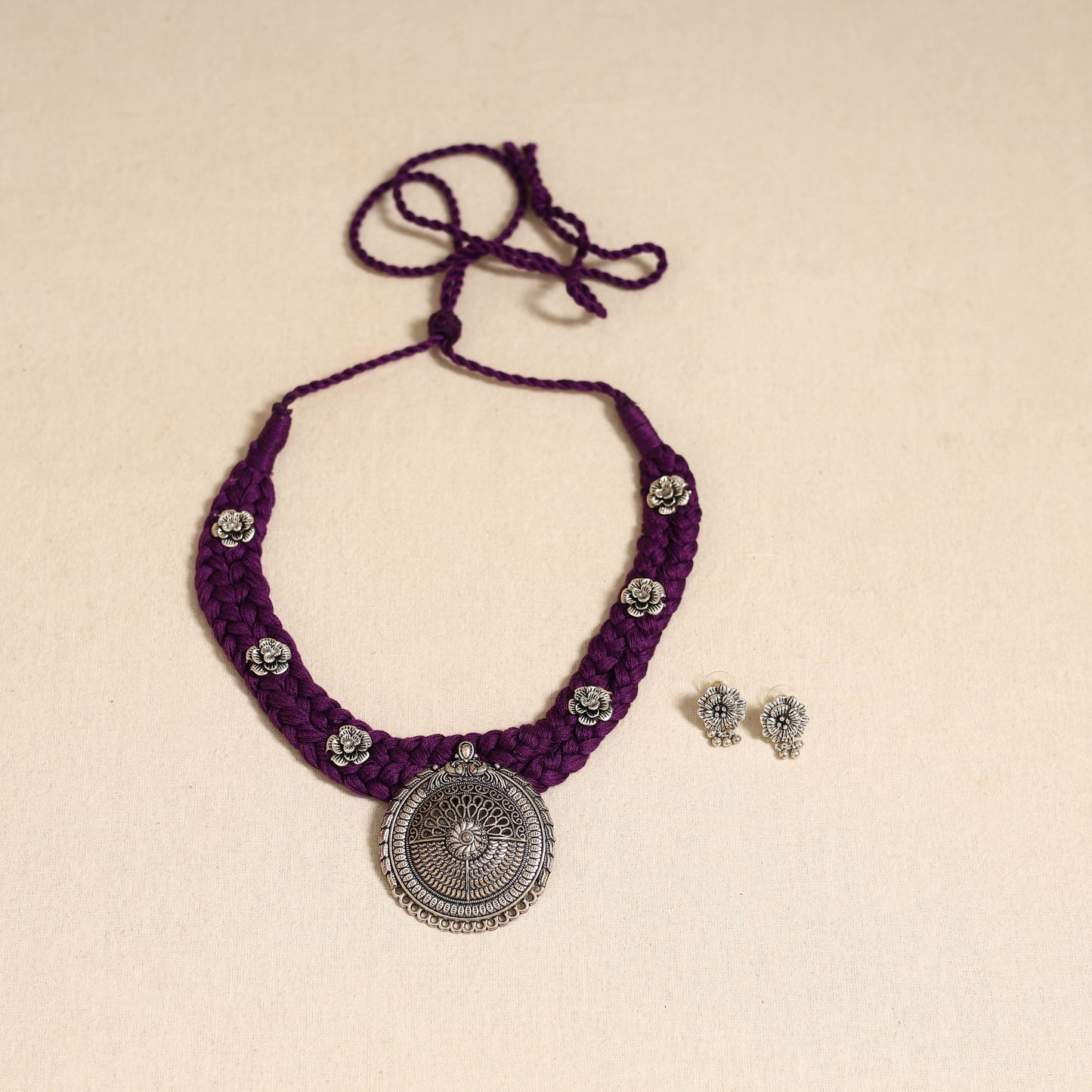 Purple - german silver thread braided necklace set 37