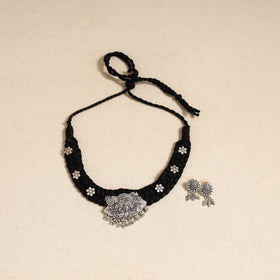 Black - german silver thread braided necklace set 39