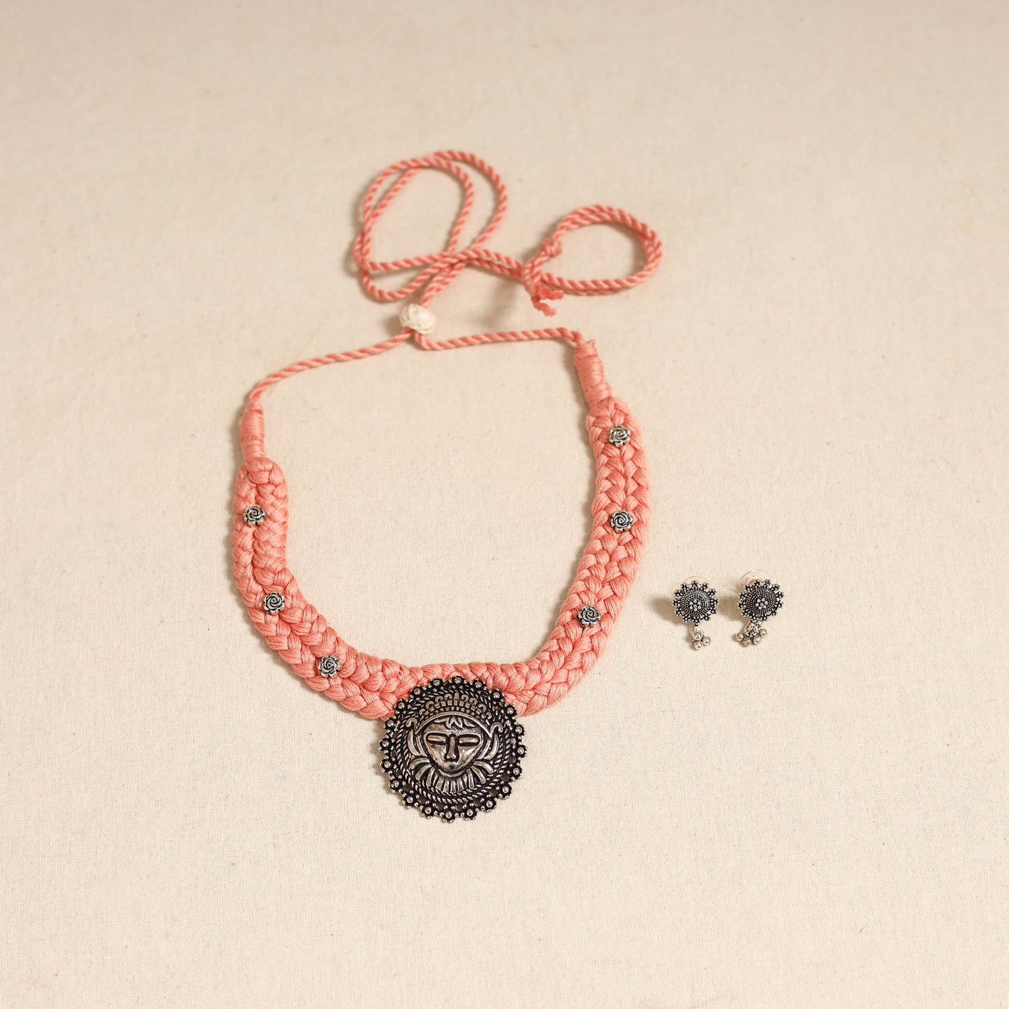 Peach - german silver thread braided necklace set 40