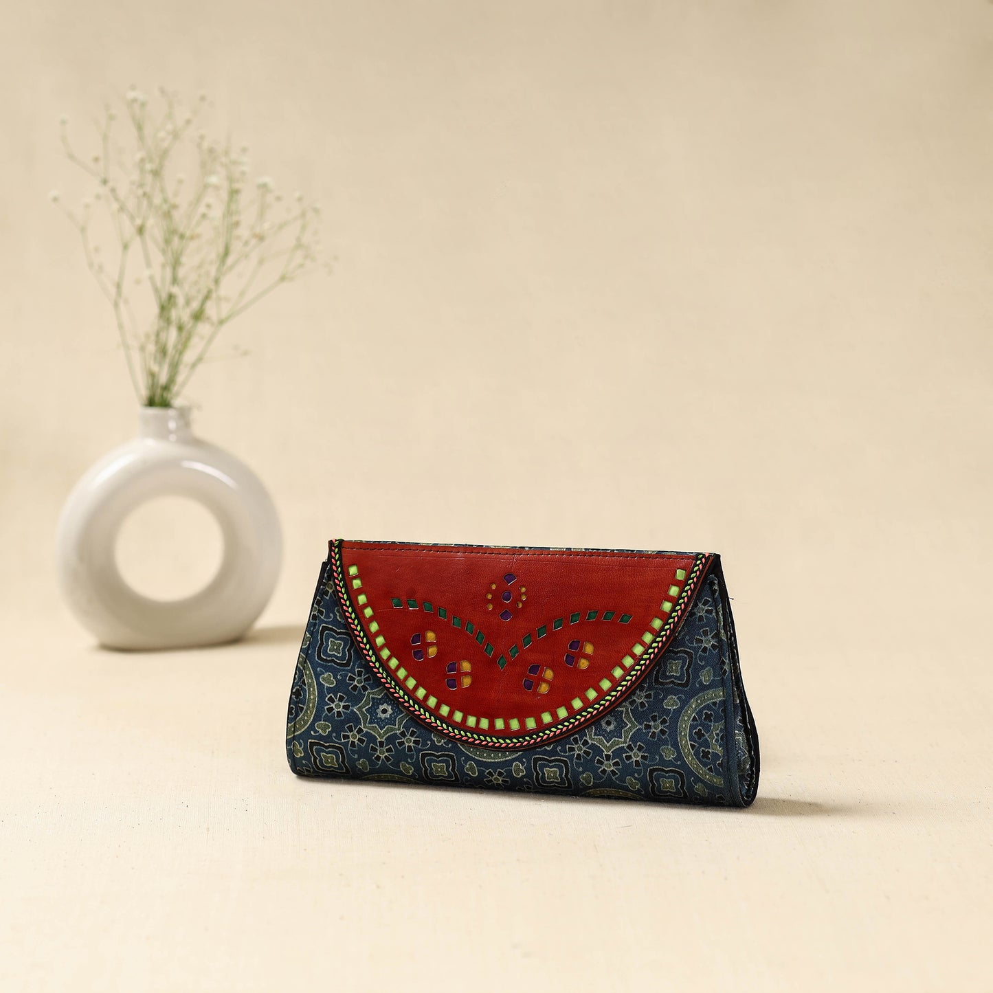 Handcrafted Kutch Ajrakh Flap Leather Clutch / Wallet 23