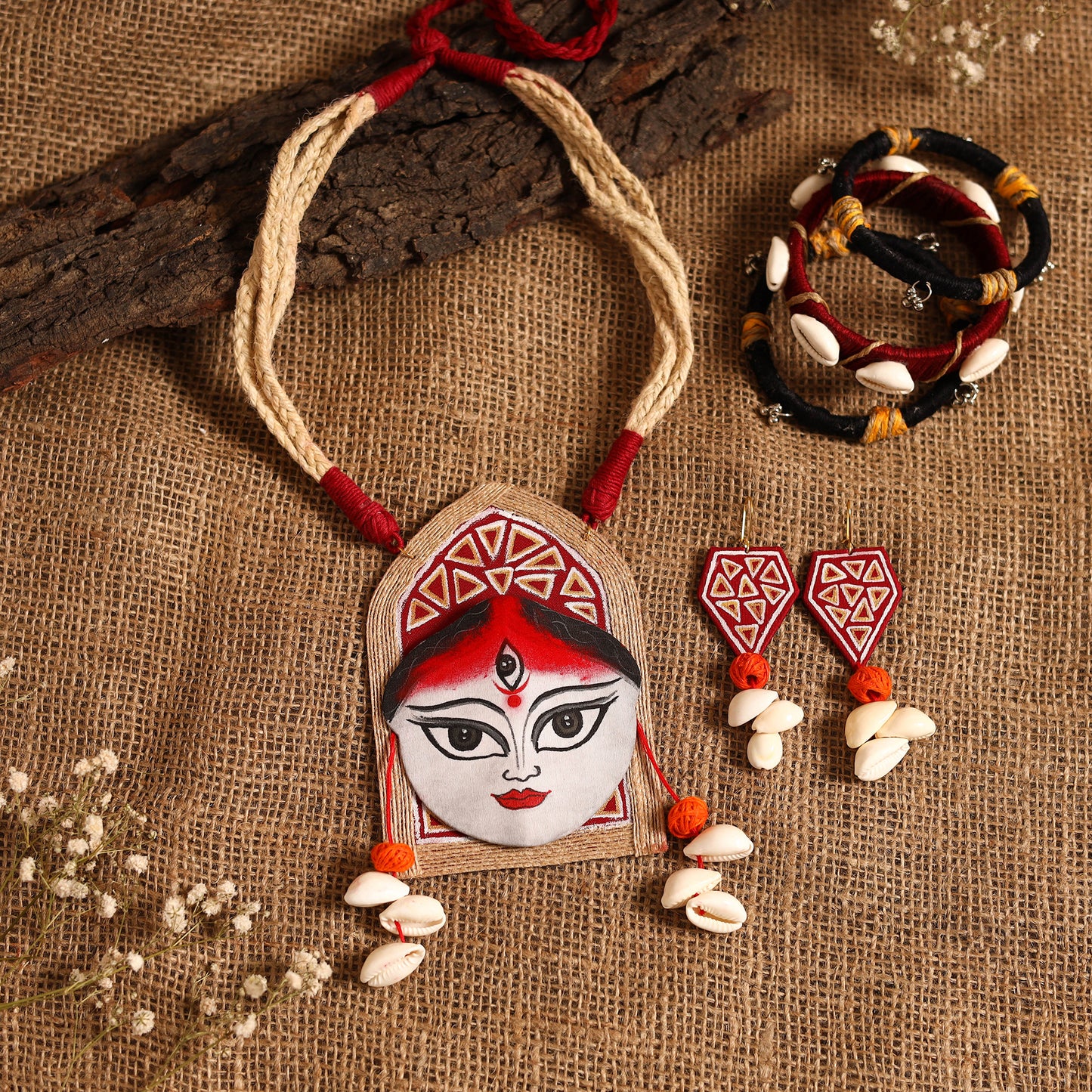 Red - maa durga bishnupur handpainted fabart jute jewellery