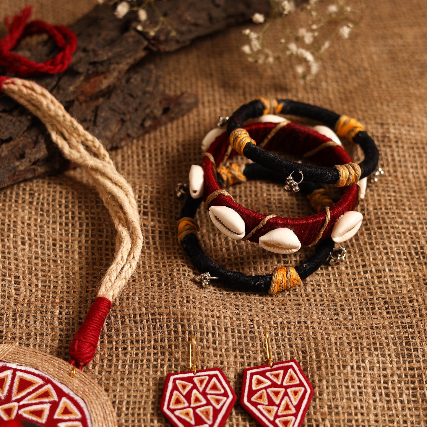 Red - maa durga bishnupur handpainted fabart jute jewellery