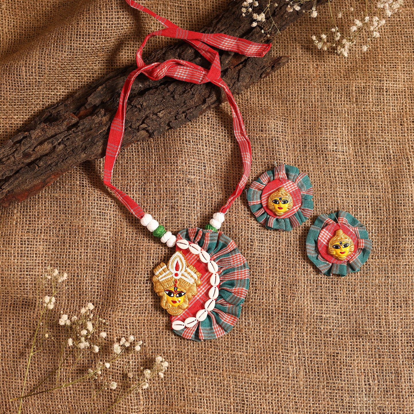Red - bishnupur handpainted fabart clay maa durga necklace