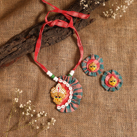 Red - bishnupur handpainted fabart clay maa durga necklace