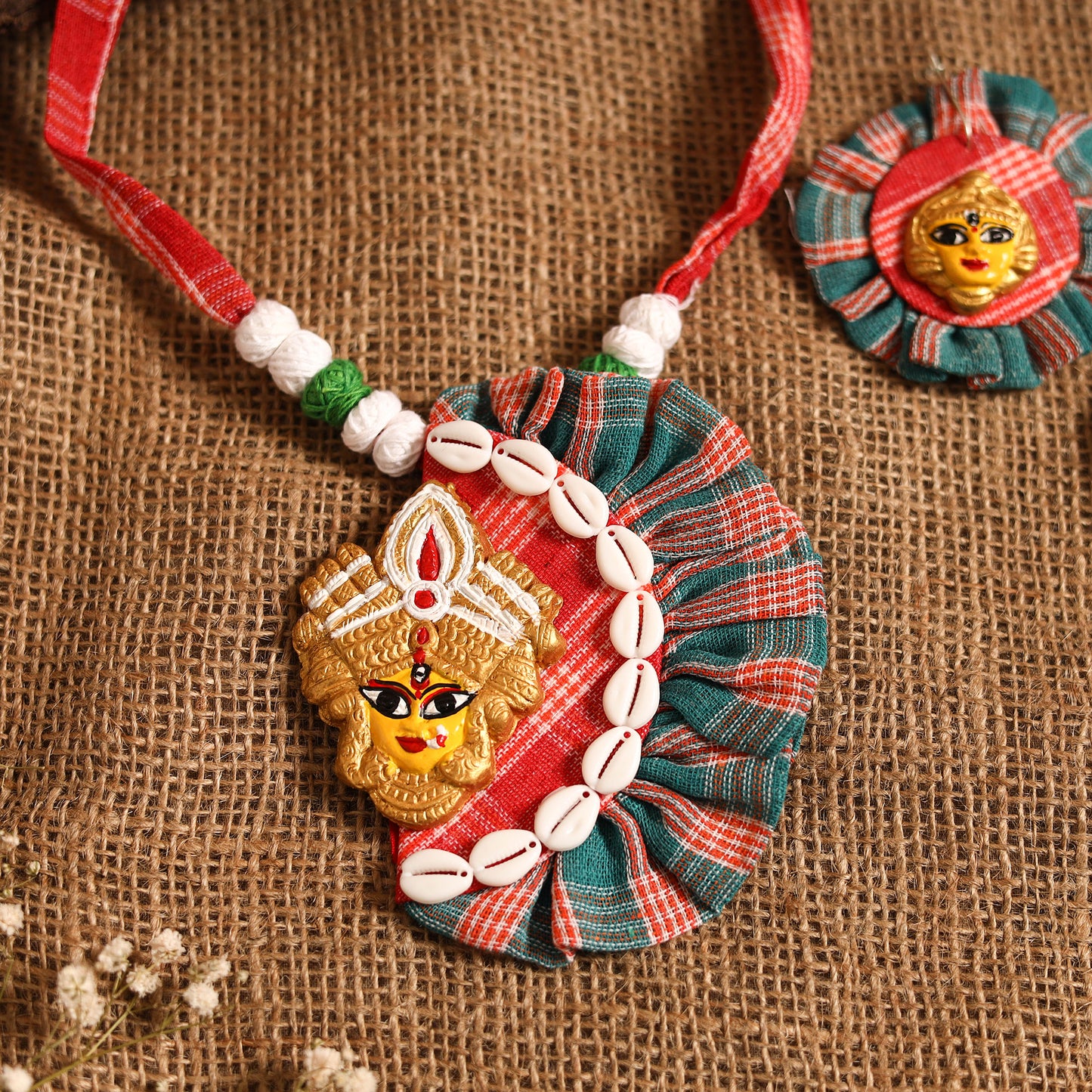 Red - bishnupur handpainted fabart clay maa durga necklace