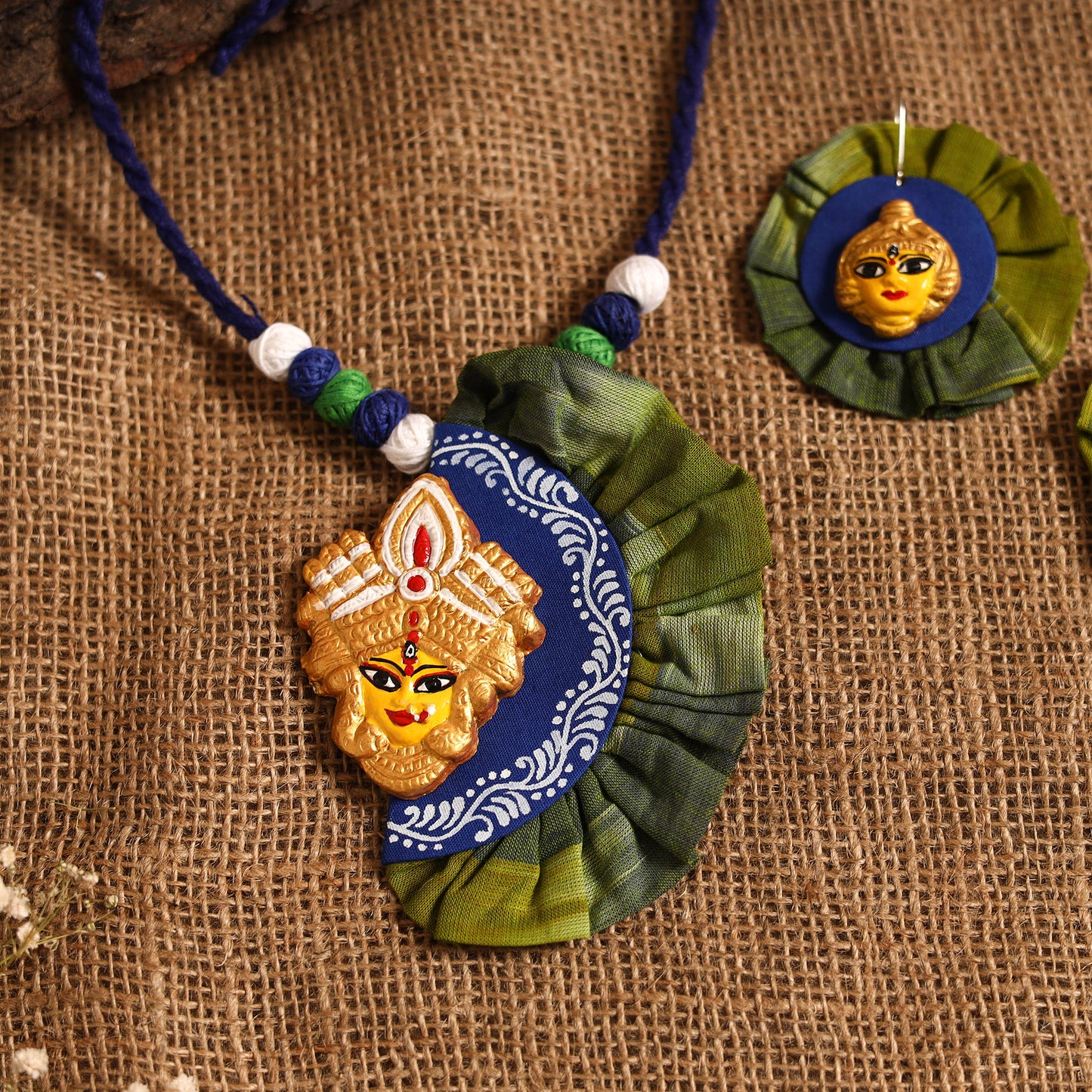 Green - bishnupur handpainted fabart clay maa durga