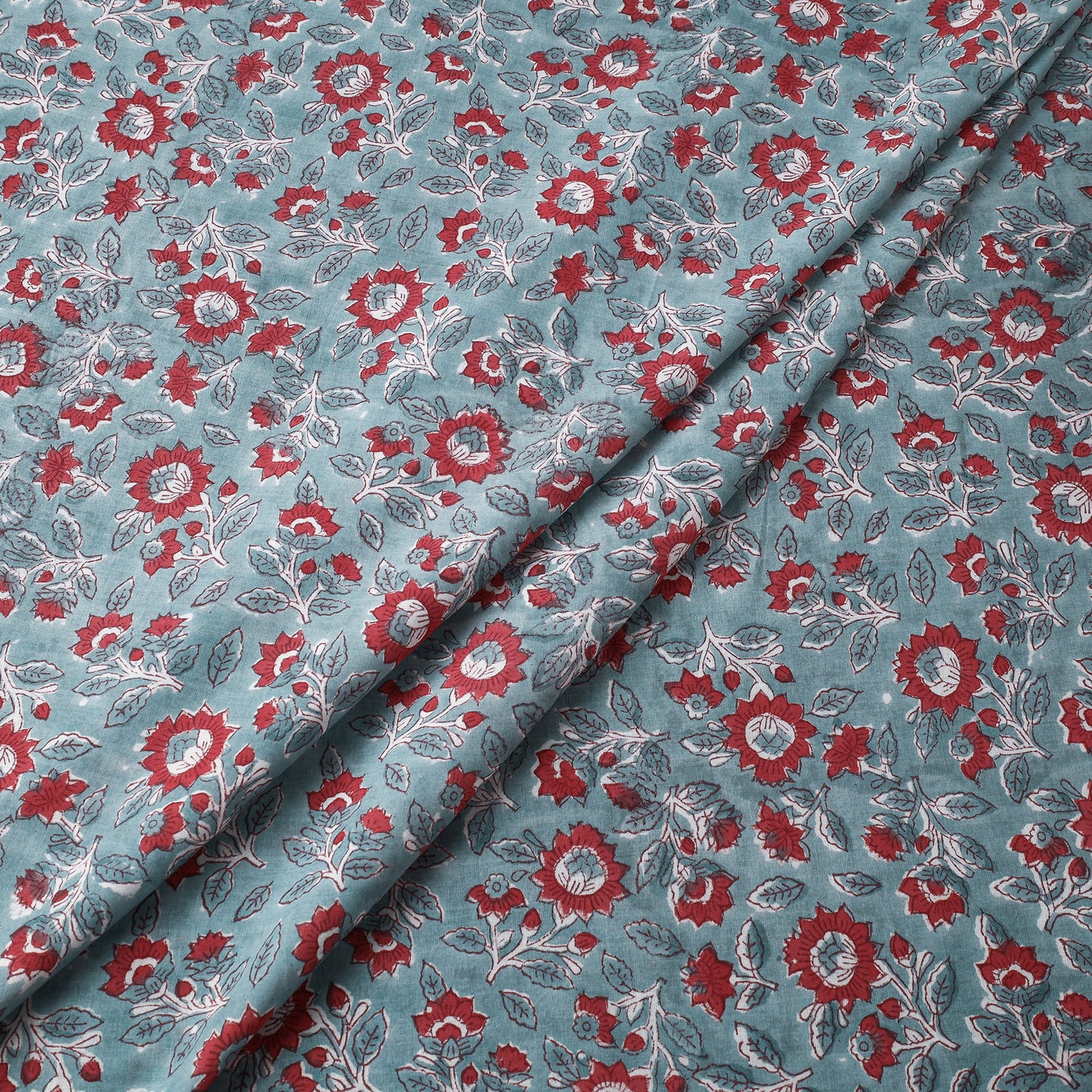 Zenith Blue With Red Floral Sanganeri Block Printed Cotton Fabric
