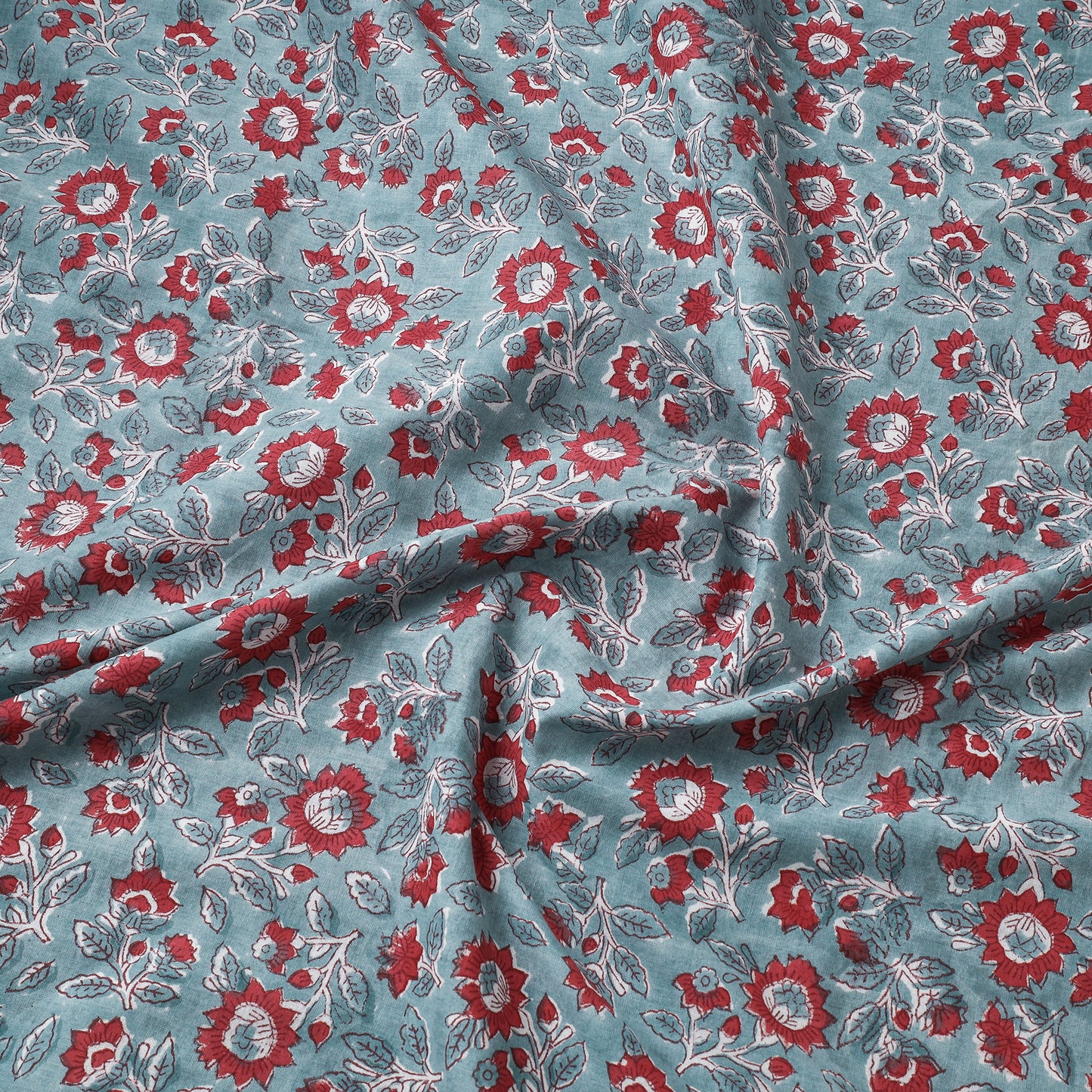 Zenith Blue With Red Floral Sanganeri Block Printed Cotton Fabric