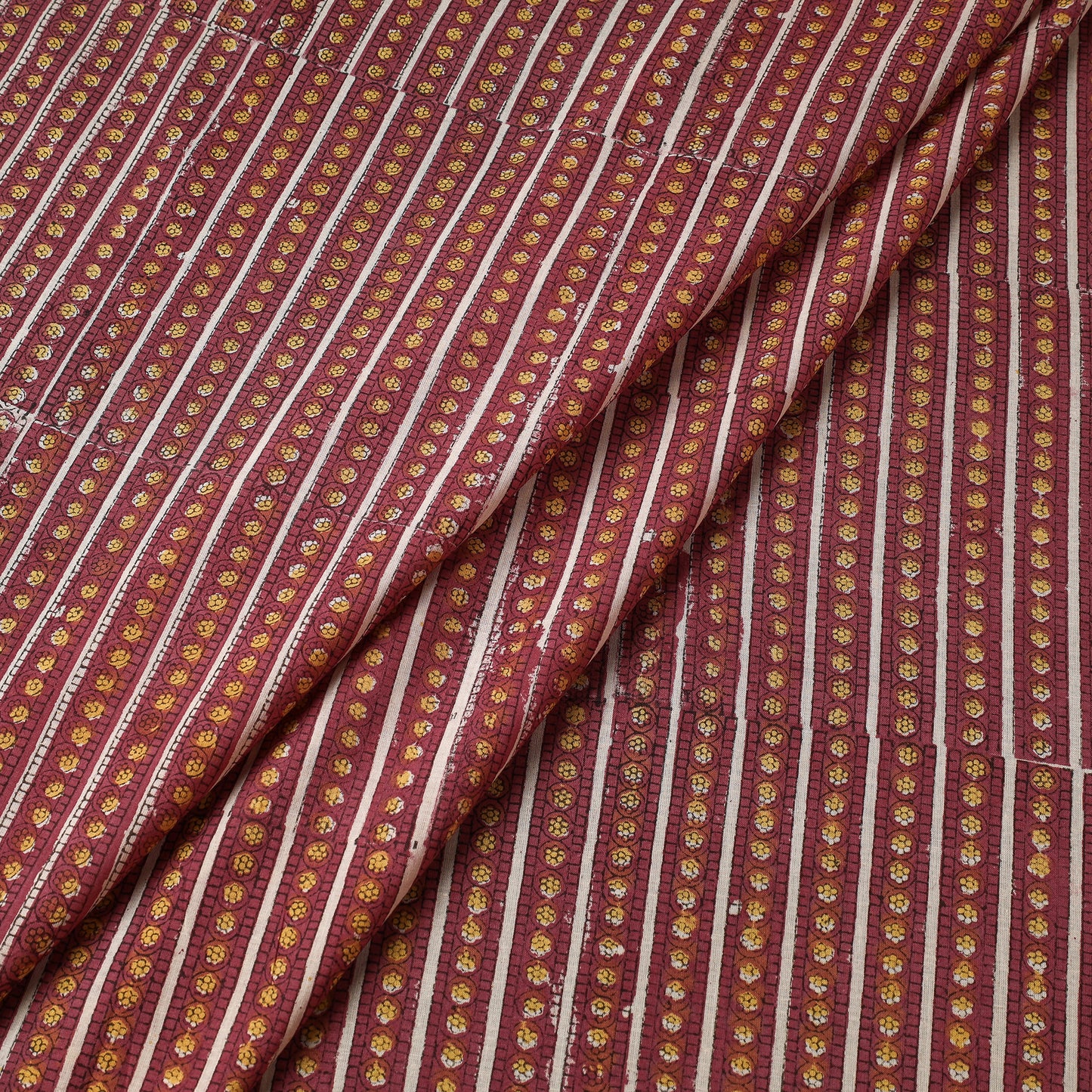 Maroon - Tiny Yellow Flower Butti Stripes Sanganeri Block Printed Cotton Fabric