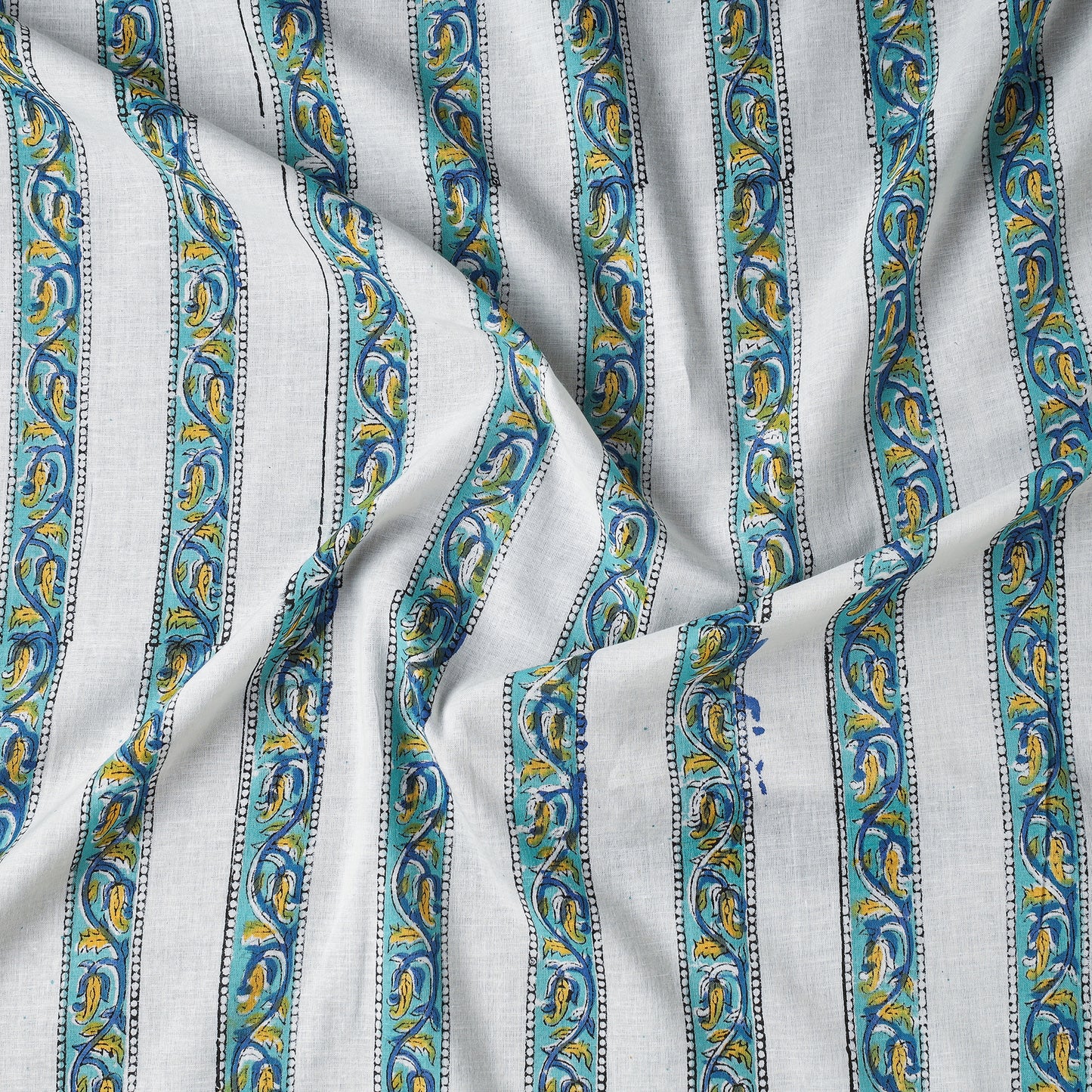 Multicolor - Blue Floral Striped Pattern Sanganeri Block Printed Cotton Fabric