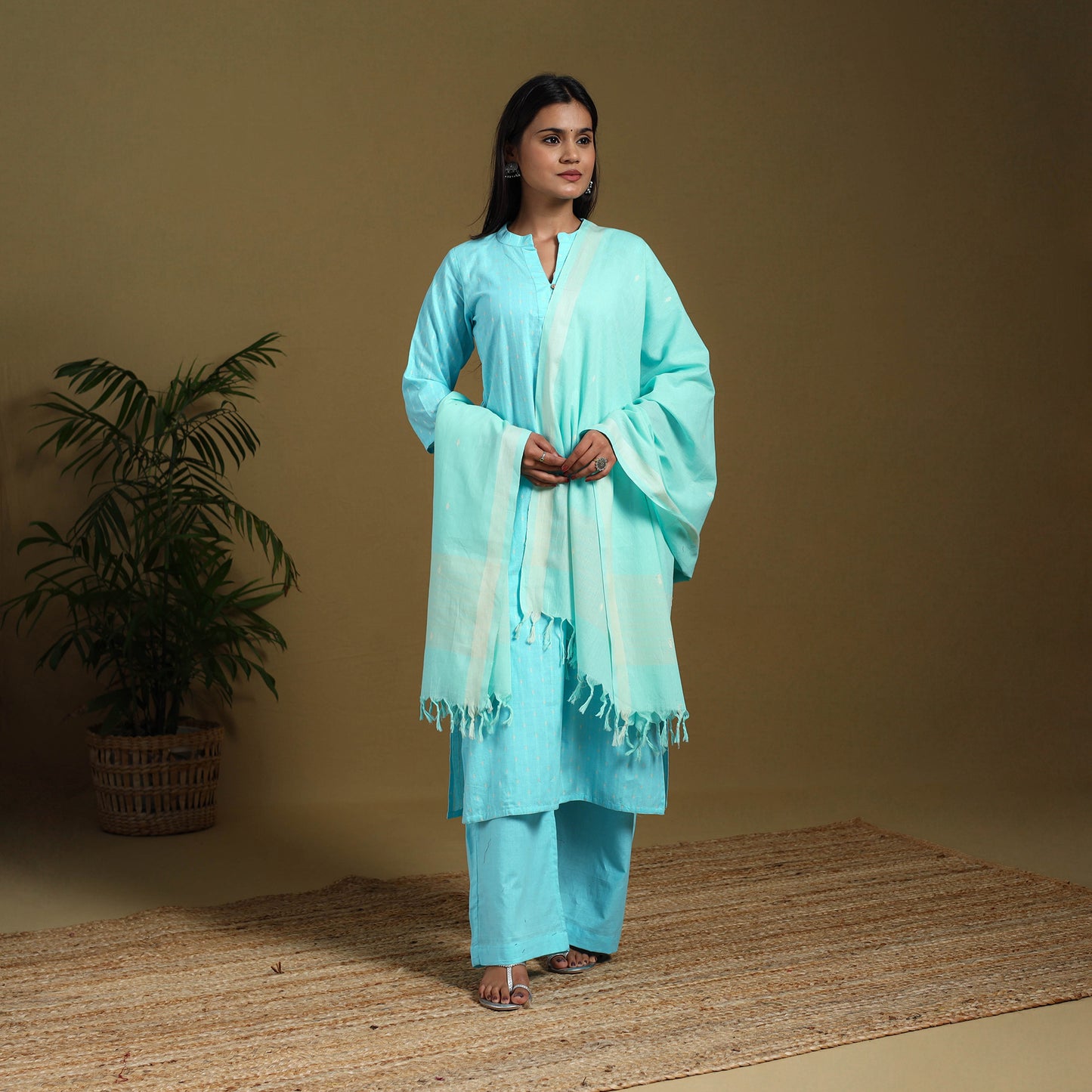 Blue - cotton jacquard kurta set (set of 3) 13 - handcrafted