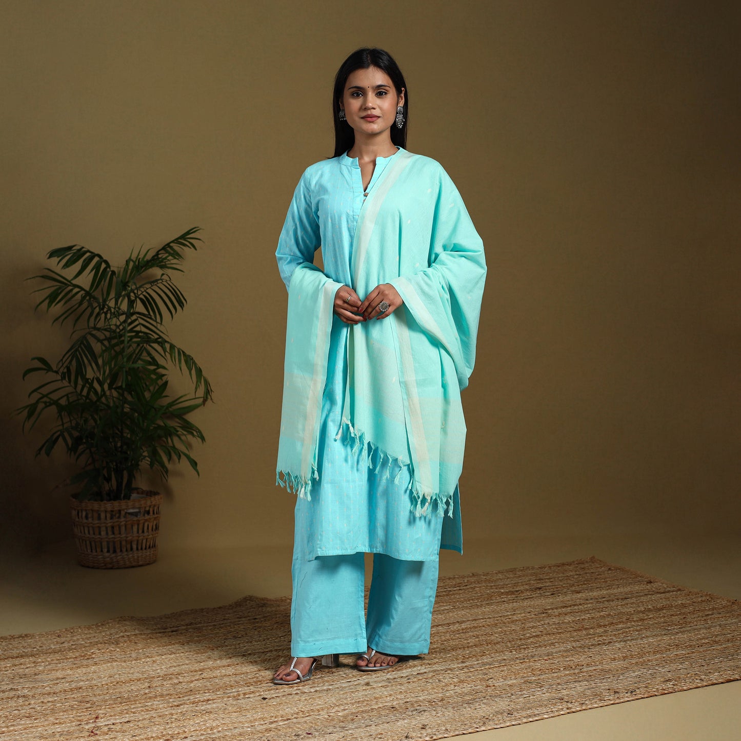 Blue - cotton jacquard kurta set (set of 3) 13 - handcrafted