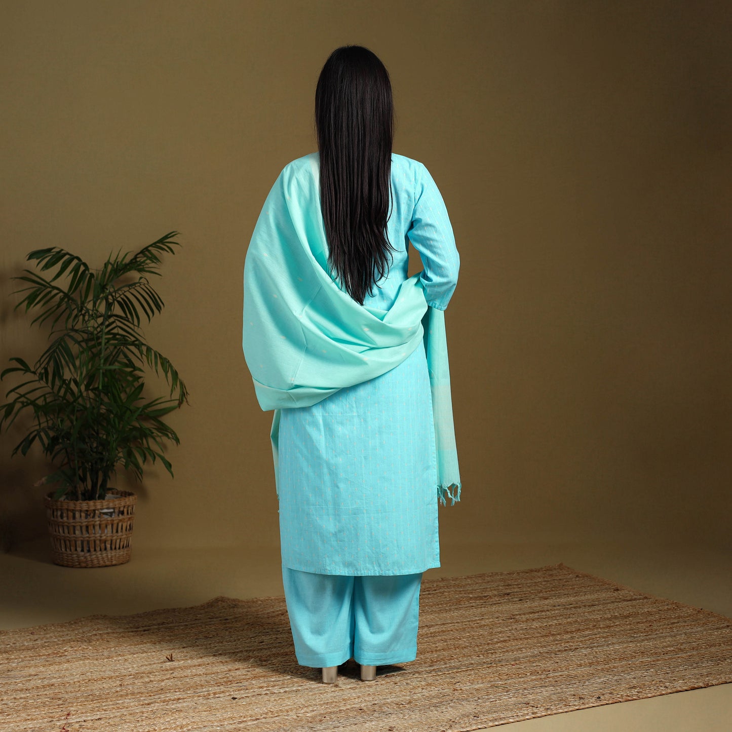 Blue - cotton jacquard kurta set (set of 3) 13 - handcrafted