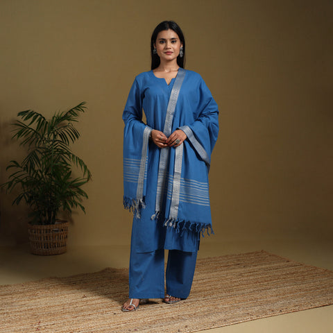 Blue - cotton jacquard kurta set (set of 3) 04 - handcrafted