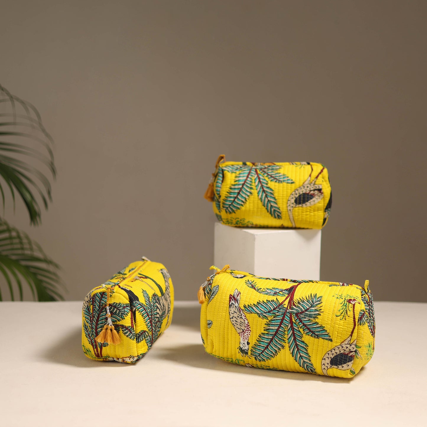 Yellow - floral hand quilted toiletry bags (set of 3) 32