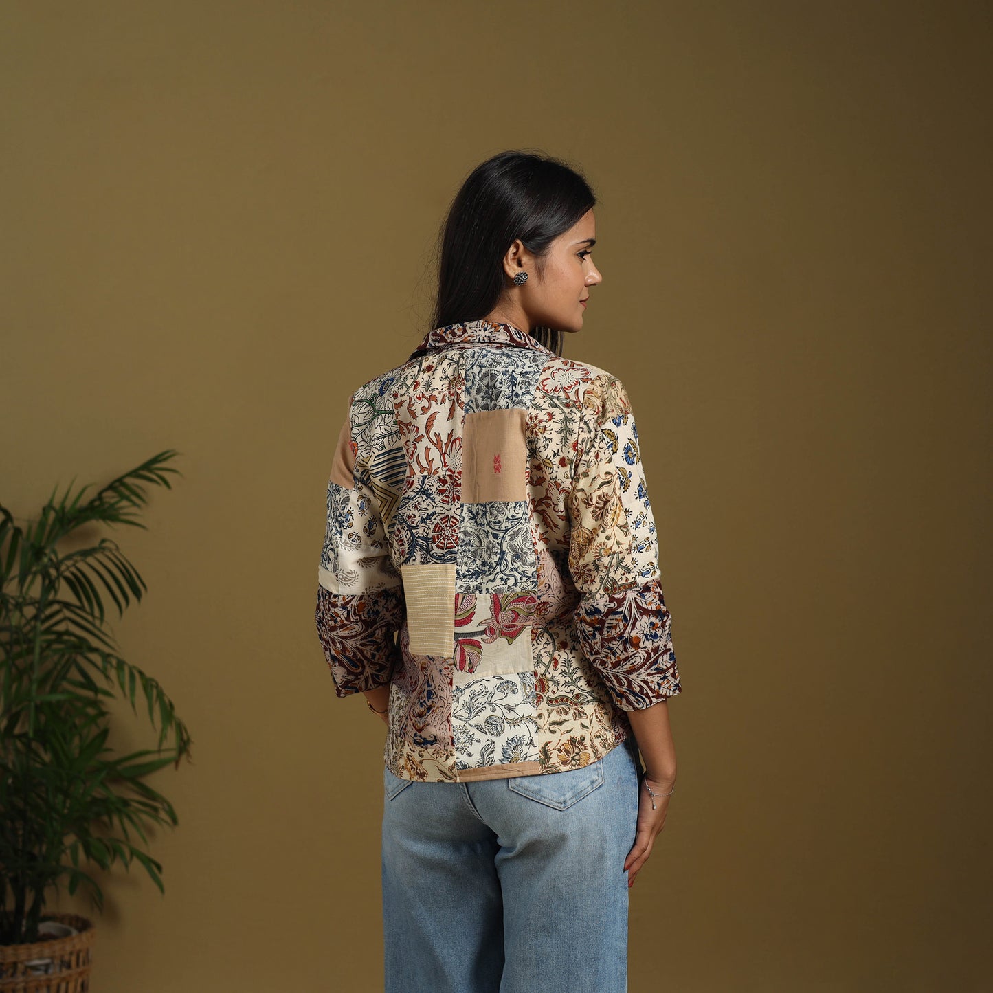 Beige - hand-stitched mosaic cotton women’s jacket 04