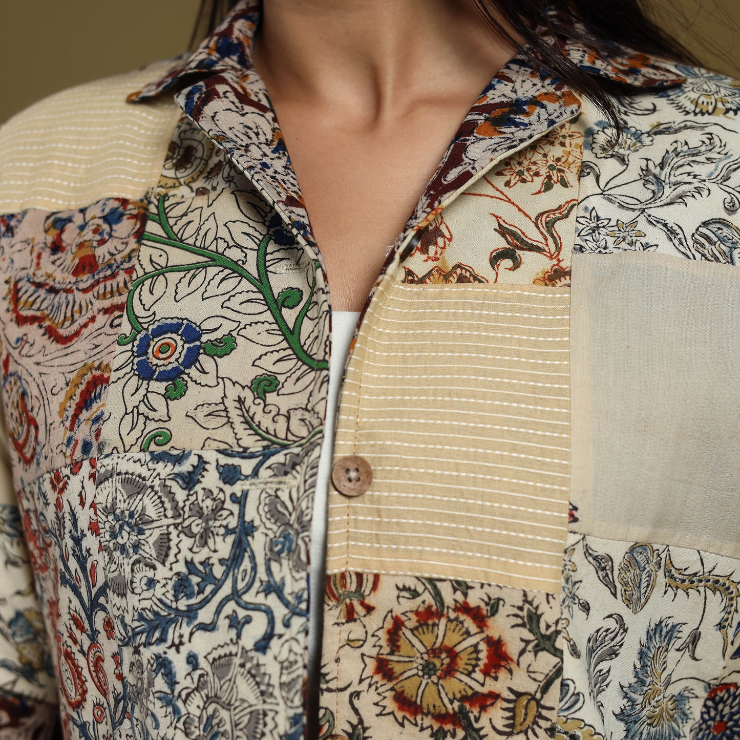 Beige - hand-stitched mosaic cotton women’s jacket 04