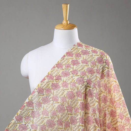 Multicolor - Pinkish Florals On Yellow Sanganeri Block Printed Chanderi Silk Fabric