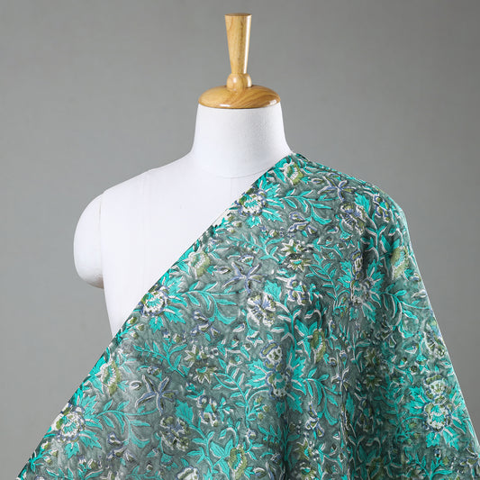 Green Flower Clusters Sanganeri Block Printed Chanderi Silk Fabric