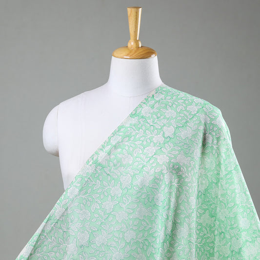 White Flower Jaal On Light Green Sanganeri Block Printed Chanderi Silk Fabric
