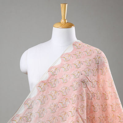 Peach Lily Pattern Sanganeri Block Printed Chanderi Silk Fabric