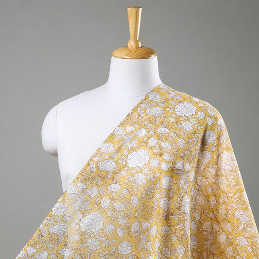 White Rose Design Yellow Sanganeri Block Printed Chanderi Silk Fabric