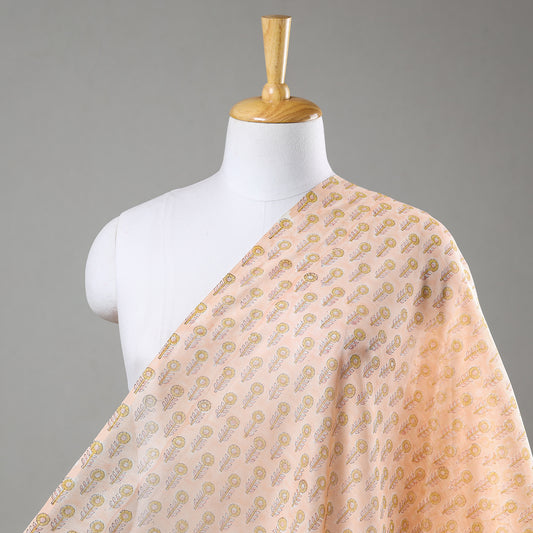Orange - Heart Shape Flower Yellow Booti Pattern Sanganeri Block Printed Chanderi Silk Fabric