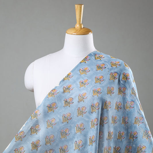 Faded Blue Floral Butta Sanganeri Block Printed Chanderi Silk Fabric