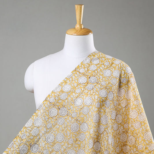 White Florals On Yellow Sanganeri Block Printed Chanderi Silk Fabric