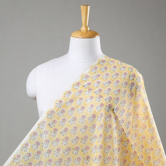Yellow With Pinkish Motif Sanganeri Block Printed Chanderi Silk Fabric