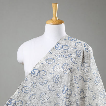 Grey - Blue Floral Sanganeri Block Printed Chanderi Silk Fabric