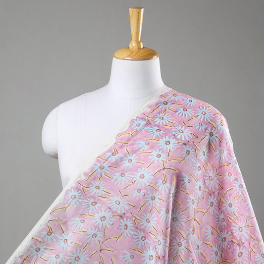 Baby Pink Florids Sanganeri Block Printed Chanderi Silk Fabric