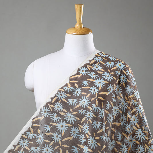 Brown Floral Sanganeri Block Printed Chanderi Silk Fabric