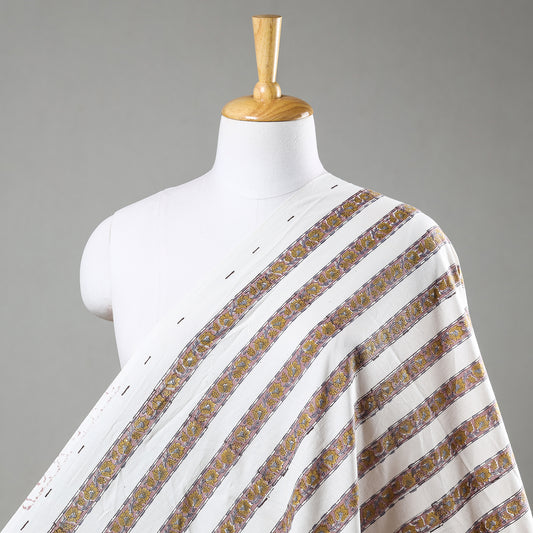 Multicolor - Yellow Flower Bel Striped Sanganeri Block Printed Cotton Fabric
