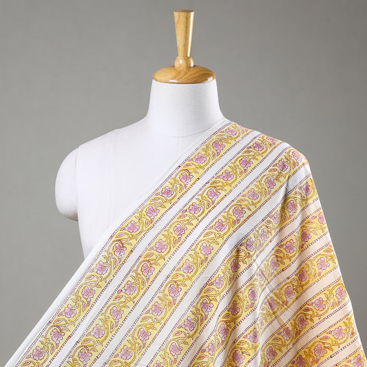 Yellow - Pink Florid Pattern & Stripes Sanganeri Block Printed Cotton Fabric