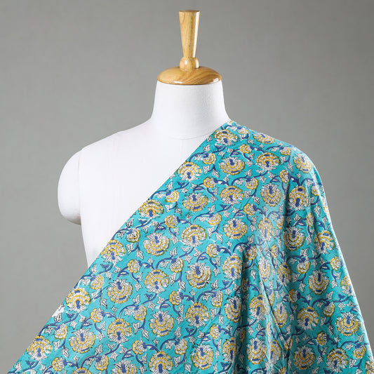 Green - Flower Jaal Sanganeri Block Printed Cotton Fabric