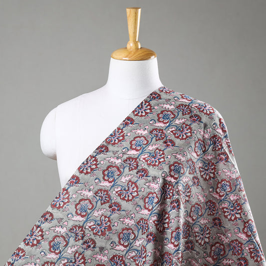 Red & Grey Floral Jaal Sanganeri Block Printed Cotton Fabric