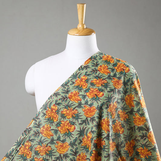 Green - Tropical Yellow Flora Sanganeri Block Printed Cotton Fabric