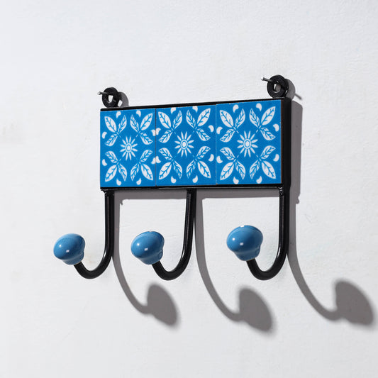 Original Blue Pottery Ceramic Tile Wall Hook Hanger (3 Peg)